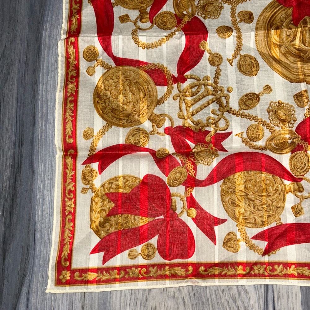 Vintage Christian Dior Gold Chain Red Ribbon Cotton Handkerchief Scarf - Picture 7 of 12